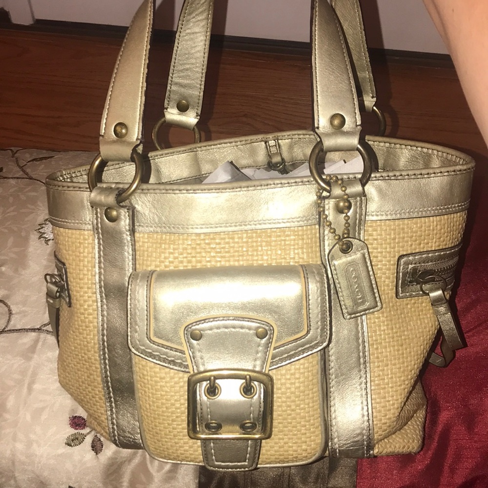 Used Coach gold/straw handbag